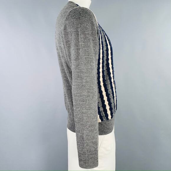 DRIES VAN NOTEN Size XL Grey Navy Cream Stripe Wool V-Neck Pullover - Picture 3 of 7